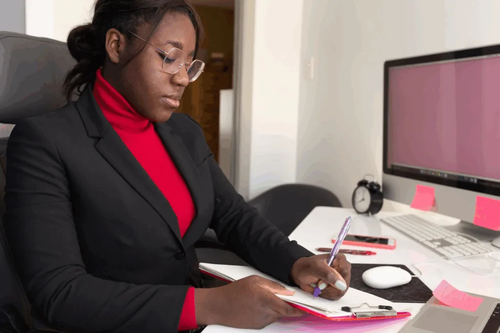 Business student completing office tasks as part of a practicum program