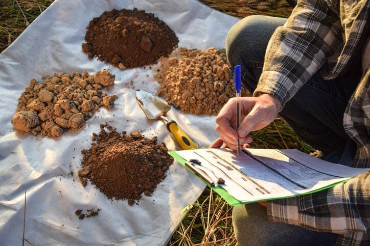 An environmental technician conducting soil testing on-site